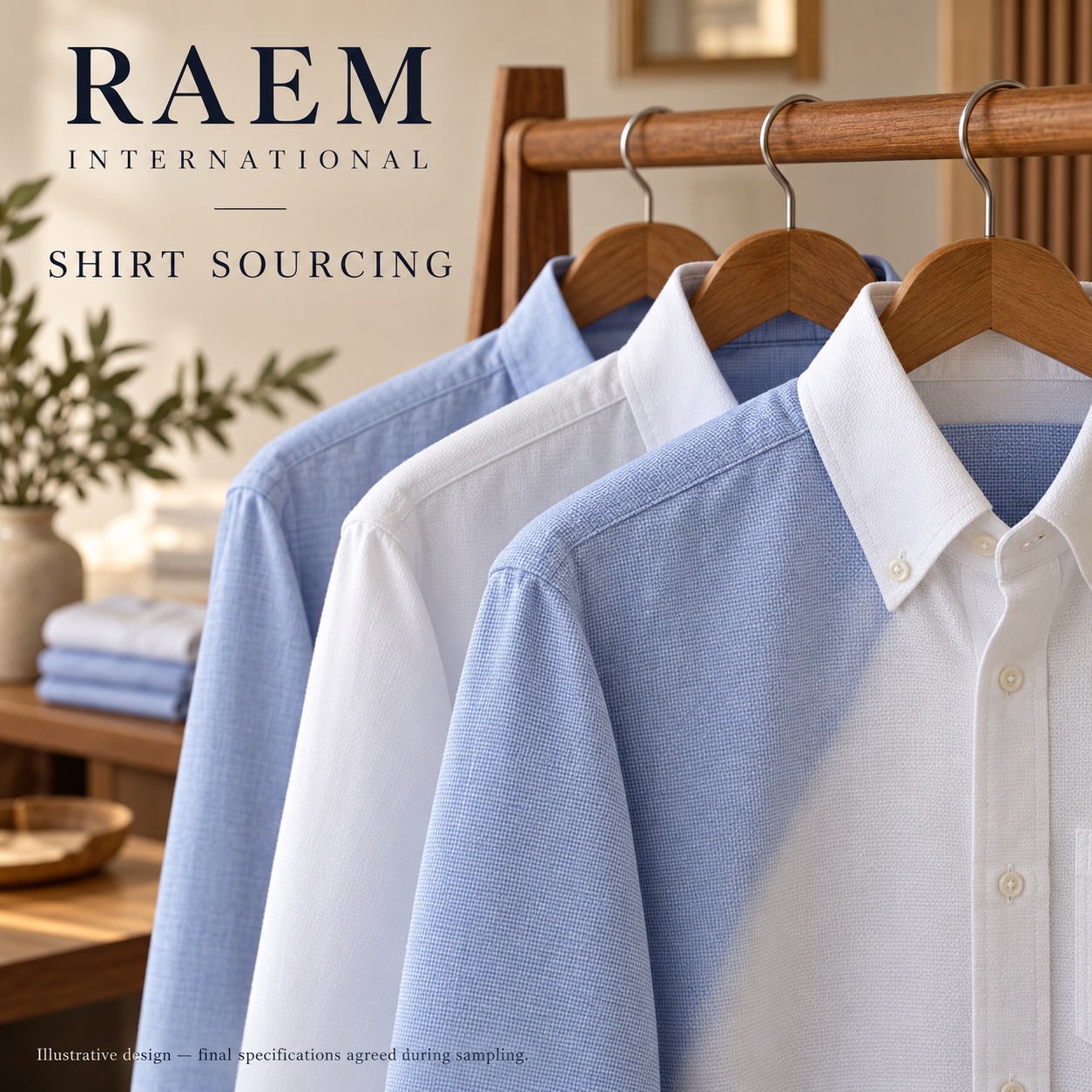 Illustrative white and light-blue shirt designs on a wooden rack
